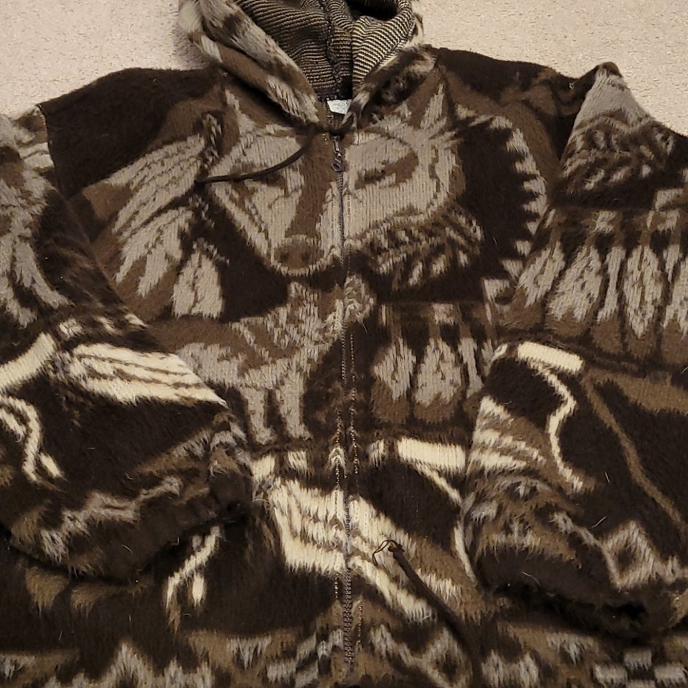 Warm Wool wolf zip up hoodie, handmade size M